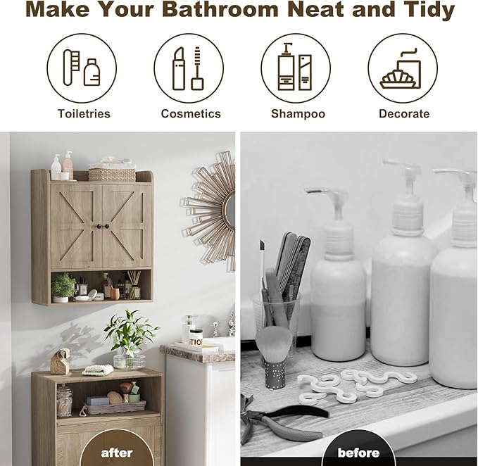 EasyCom 22" W x 26" H Bathroom Wall Cabinet, Farmhouse Medicine Cabinet with Adjustable Shelves and 2 Barn Doors, Over The Toilet Storage Cabinet for Bathroom, Kitchen, Living Room, Oak Grey
