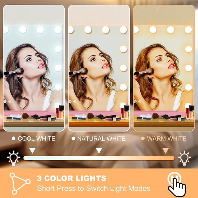 Moonee Pink Vanity Mirror with Lights, Hollywood Lighted Makeup Mirror with 15 Dimmable Bulbs and 10X Magnification, 3 Colors Modes, Aluminum Metal Frame, Light Up Mirror for Tabletop/Wall（23" x 18"）