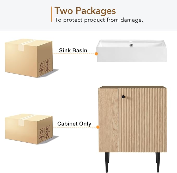 Virubi 21.6 in Small Bathroom Vanity with Sink,Doors and Storage Shelves,Wood Modern Single Fluted Bathroom Sink Cabinet Freestanding (Natural Wood,Left Shelf)
