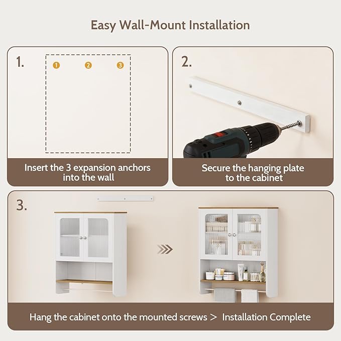 Fluted Bathroom Cabinet Wall Mounted with Towel Bar, Hanging Medicine Cabinet Organizer for Bathroom Storage w/ Motion Sensor LED Light, White Over Toilet Storage Cabinet w/ 2 Door, Adjustable Shelf