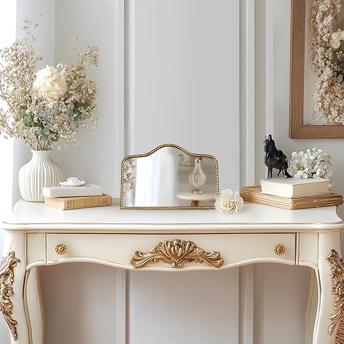 Vintage Desk Makeup Mirror, 7.8" L x 11.9" W Antique Gold Vanity Table Mirror, Metal Framed Scalloped Small Standing Mirrors with Beaded, 360 Adjustable Rotation for Tabletop, Bedroom