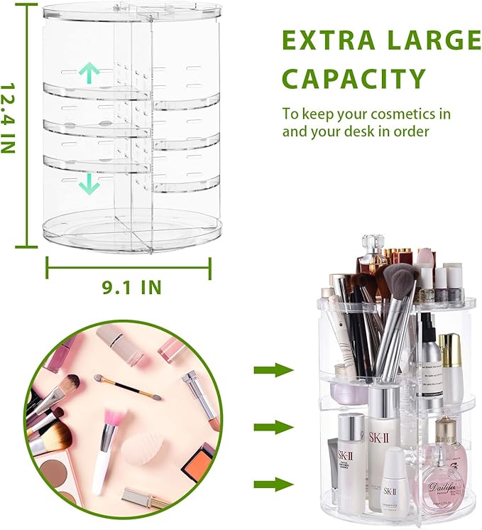 DOZZZ 360 Rotating Makeup Organizer with DIY Adjustable Layers, Spinning Skincare Perfume Cosmetic Organizer with Brush Holder, Round Carousel Storage Display Case for Bathroom Countertop Vanity Clear