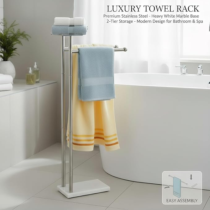 Songtec Towel Rack Stand for Bathroom, 2-Tier Freestanding Towel Holder for Bath Towels, Practical Shelf on Top, Heavy Duty Bathroom Accessories, No Drilling Required