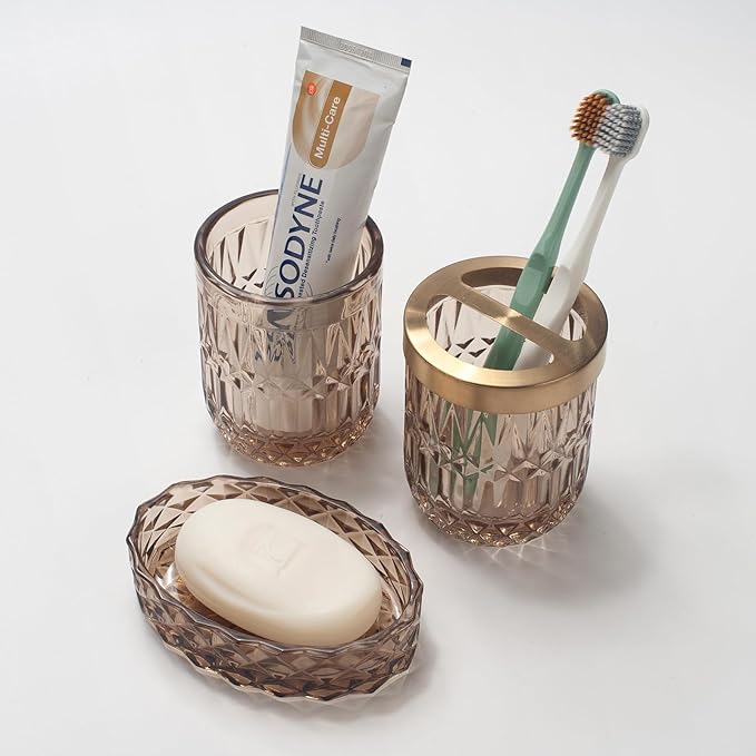 IVAILEX 5PCS Amber Brown Glass Bathroom Accessories Sets of Lotion Dispenser, Soap Dish, Toothbrush Holder, Tumbler, Cotton Swab Jars, Modern Bath Decor, Vintage Gift