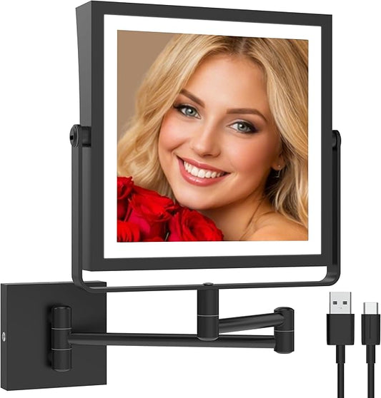 Ruacq Rechargeable Wall Mounted Makeup Mirror with Lights, Double Sided 1X/10X Magnifying Vanity Mirror with 3 Color Lighting, Touch Screen Dimmable, 360° Rotation Extension Foldable Arm(Matte Black)