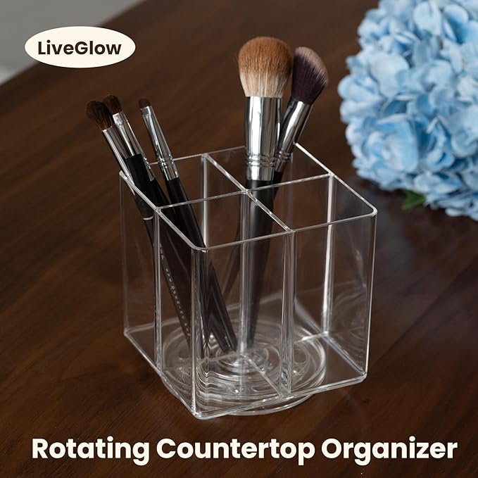 Clear Makeup Brush Holder,Acrylic Rotating 360??Makeup Brush Organizer,Pen holder with 4 Grids,Makeup Holder for Courtup,Containers for Desk,1pc