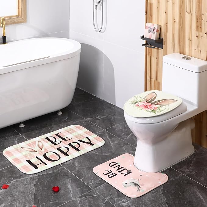 Rtteri 4 Pcs Easter Shower Curtains for Bathroom, Easter Bathroom Decor with Non-Slip Rugs Toilet Lid Cover and Bath Mat Bunny Curtain Decor Set with 12 Hooks(Bunny)