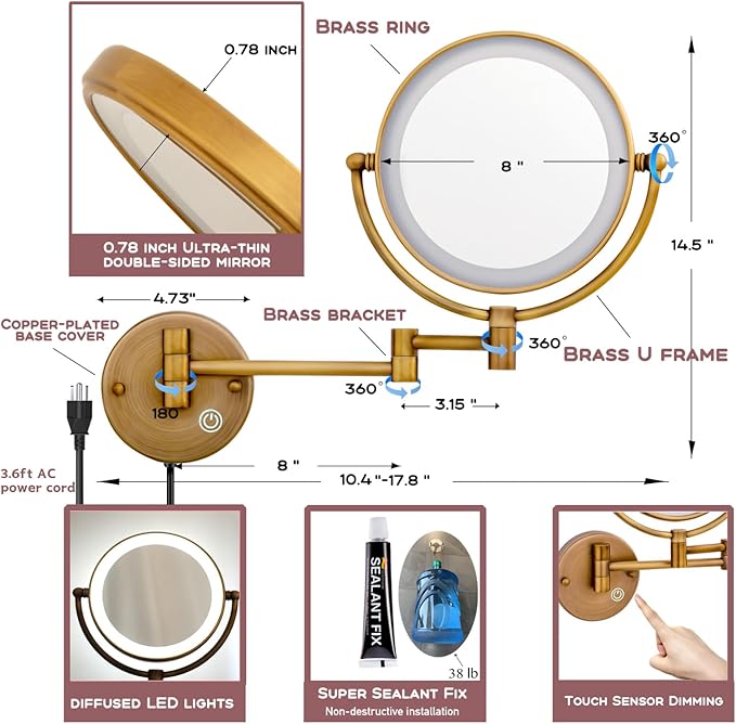 8" Brass Wall Mount Makeup Mirror with Lights, 1X/5X Double Sided Personal Mirrors for Bathroom with 360 Swivel Extendable, Antique Brass Indoor Arts Ware, Plug Powered