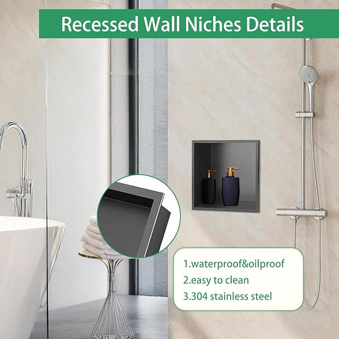 SaniteModar Shower Niche, Stainless Steel Shower Niche No Tile Needed, Recessed for Bathroom Storage (Gray, 12x12)