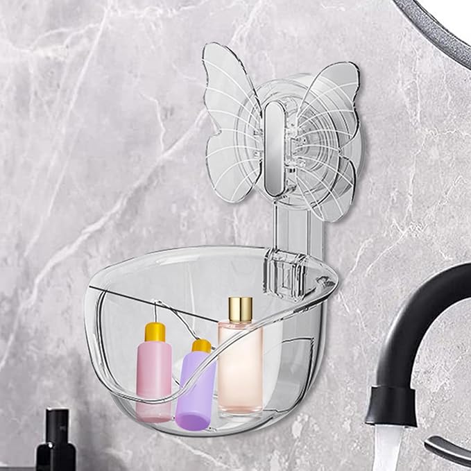 Self Adhesive Shower Shelves, Makeup Sponge Holder, Clear Shower Shelves Bottom Equipped with Drainage Holes and Powerful Butterfly Pressure Suction Cups, Adhesive Bathroom Shelves (Translucent gray)