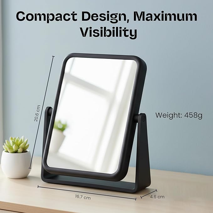 Danielle Creations Rectangle Soft Touch Vanity Mirror, Black, 1x/7x Magnifying Makeup Mirror with Stand, Portable Tabletop Bathroom or Desk Mirror