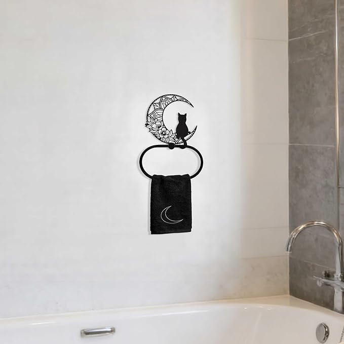 Gothic Black Cat Wall Decor Towel Ring, Moon and Cat Towel Hanger, Witchy Gothic Hand Towels Kitchen Bathroom Accessories, Bath Towel Rings Home Office Garden Hotel, Home Decors Gift