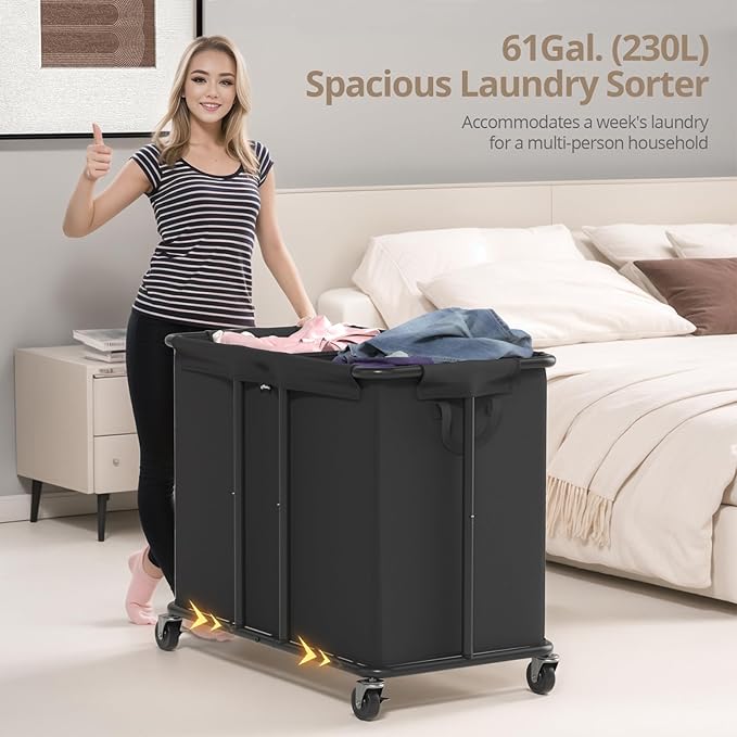 Hodonas Laundry Hamper with Wheels, 2-Section 230L (61Gal) Large Capacity, Heavy-Duty Rolling Clothes Basket with Silent Rubber Casters & Detachable Oxford Bags for Home, Black, 31.5"Lx15.75W"x30.7"H