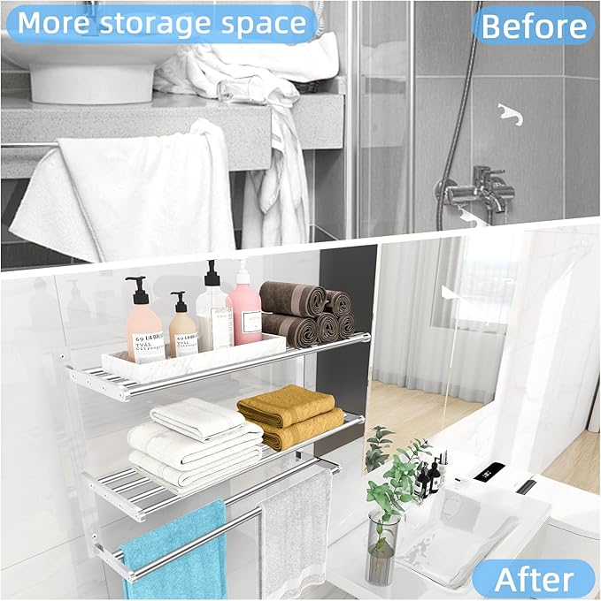 Bathroom Towel Rack 24", 3 Tier Towel Racks for Bathroom Wall Mounted, Bathroom Shelf with Double Towel Bar, Stainless Steel Towel Storage for Bathroom Lavatory Towel Holder Hanger, Brushed Nickel