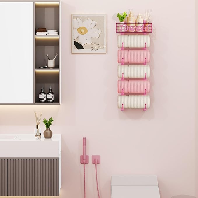SWTYMIKI Hanging Towel Racks for Bathroom - 9 Tier Over the Door & Wall Mounted Bath Rolled Towel Storage Organizer Holder for Small Bathroom, RV, Camper (Pink, 6-Tier)