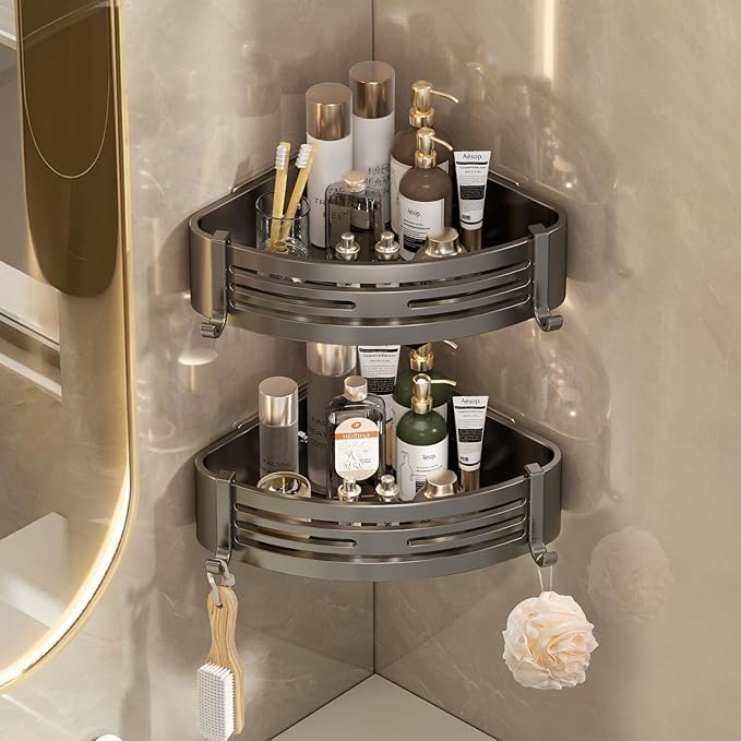 Corner Shower Caddy, Adhesive Shower Corner Organizer Shelves with Hooks,No Drilling Shower Shelves for Bathroom Kitchen 2 Pack
