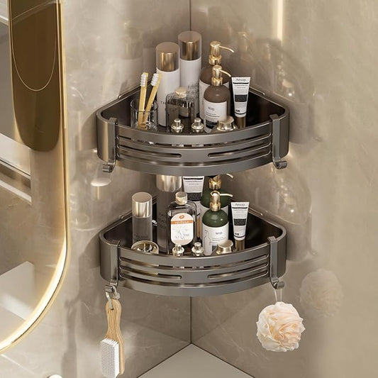 Corner Shower Caddy, Adhesive Shower Corner Organizer Shelves with Hooks,No Drilling Shower Shelves for Bathroom Kitchen 2 Pack