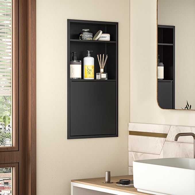Recessed Medicine Cabinet with Door 24" X 12" Matte Black Wall Medicine Cabinets with 3-Tier Shelf 304 Stainless Steel Niche Shower for Bathroom Storage