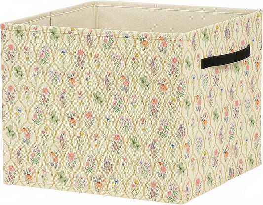 Boho Floral Storage Bin Box with Handles, Vintage Cottagecore Botanical Flower Foldable Baskets Organizer for Bedroom Bathroom Home Clothes Toys Books, Toybox for Girls Room