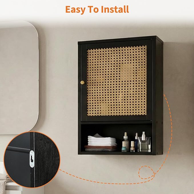 Bathroom Wall Cabinet, Bamboo Medicine Cabinet with Rattan Doors, Adjustable Shelf, Wall Mounted Storage Cabinet for Bathroom, Kitchen, Laundry Room Black