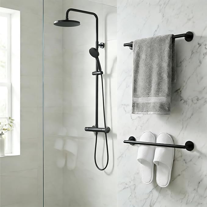Hand Adhesive Bathroom Towel Bars, 16 Inch Stainless Steel Towel Racks for Bathroom or Kitchen Wall Mounted, Heavy Duty Hand Towel Holder Organizer, Modern Home Decor Towel Rod, Black
