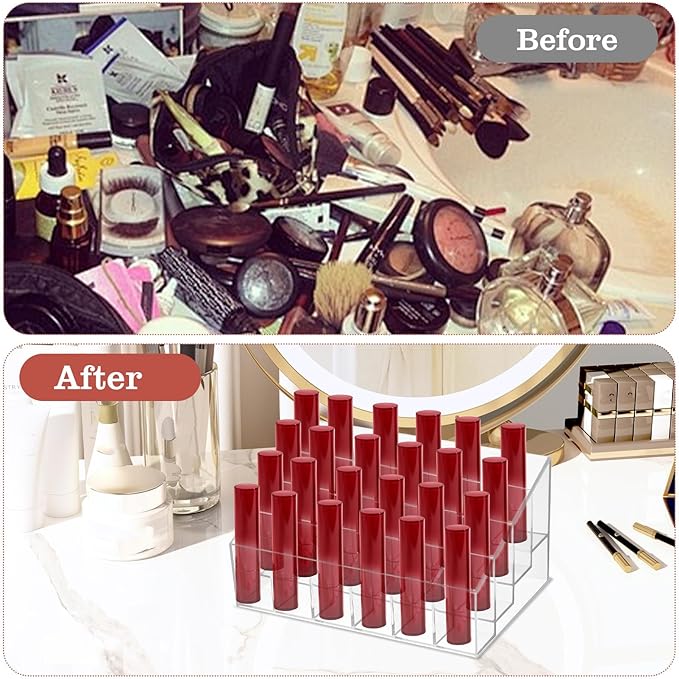 MAQUITA 4 Pieces Lipstick Holder Organizer 24 Slot Acrylic Lipstick Makeup Organizer Case Display Stand Storage Box for Lipsticks Lipgloss Brushes Cosmetics
