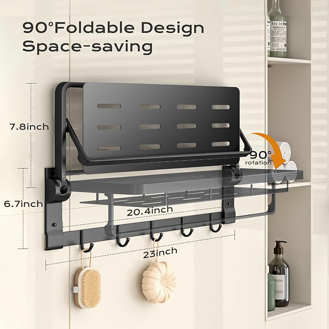 Rust-Proof Floating Shelves Organizer With Foldable Towel Bar 5 Towel Hooks Wall Mounted Organizer 23-Inch Towel Racks For Bathroom Lavatory Kitchen Rv Home Decor, Matte Black