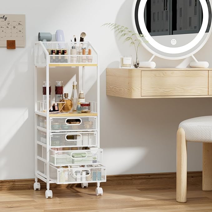 HapiRm Makeup Organizer Storage Cart - Floor Skincare Make Up Storage with 4 Drawers, Rolling Makeup Cart Vanity Organizer Cosmetics Display Cases Holder for Skin Care Perfume Nail Polish