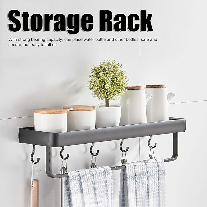 30cm Bathroom Shelf, Wall Mounted Storage Rack, Aluminum Material, with Heightened Fence Design, Ideal for Home Bathrooms (Single Layer with Rod with 5 Hooks)