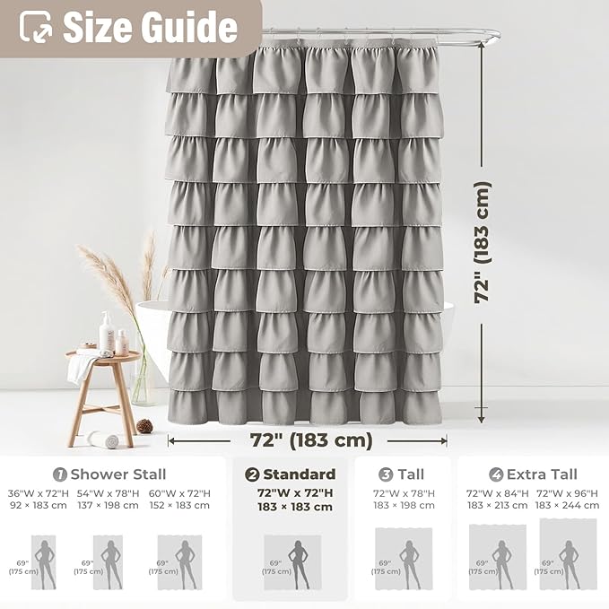 Seasonwood Ruffle Shower Curtain Gray Farmhouse Vintage Handcrafted Rustic Decorative Fabric Shower Curtains for Bathroom, 72" x 72"