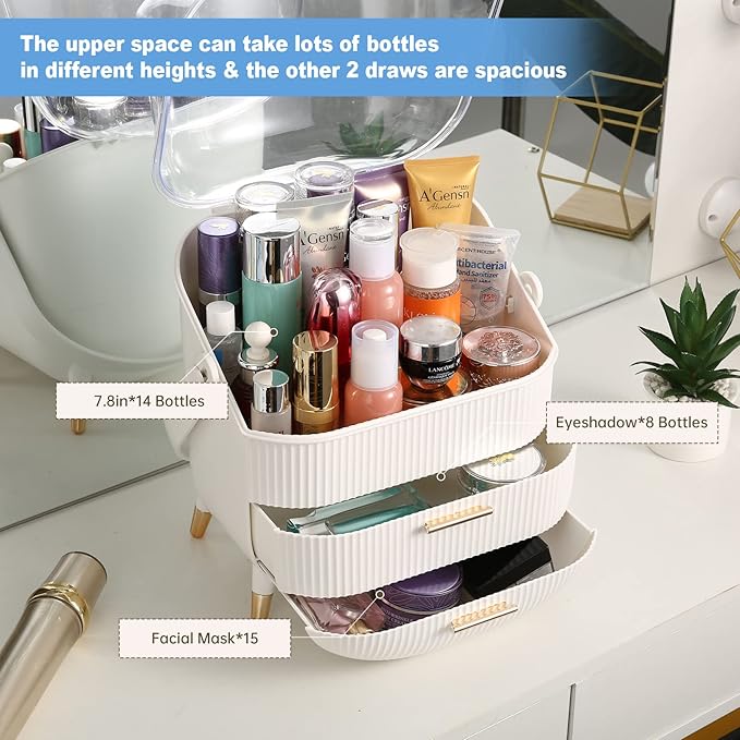 Makeup Organizer,Cosmetics Display Case With 2-Layer Storage Box,Waterproof And Dustproof,Skincare Storage Box (White B)