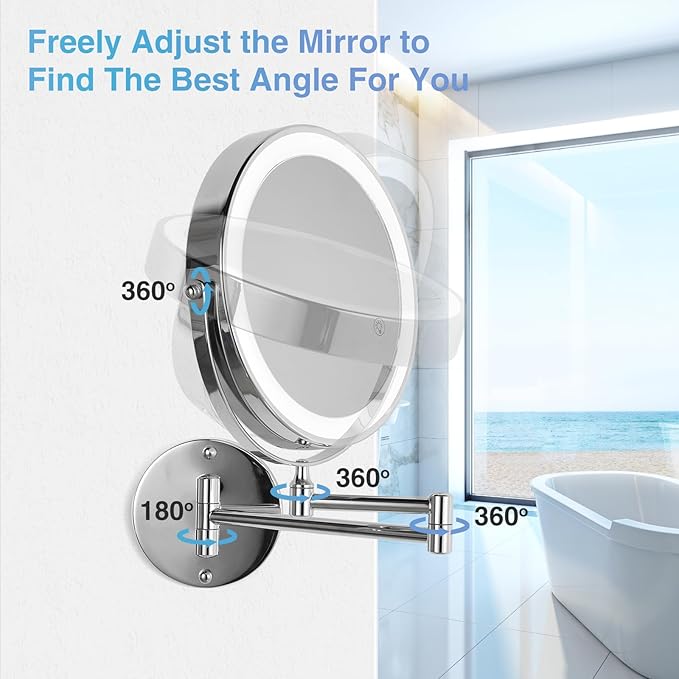 20X/1X Wall Mounted Lighted Makeup Mirror with Light, 8.5'' Double Sided Rechargeable Magnifying Bathroom Mirror, 3 Color Lights Touch Dimmable Extended Arm 360 Rotation Light up Magnification Mirrors