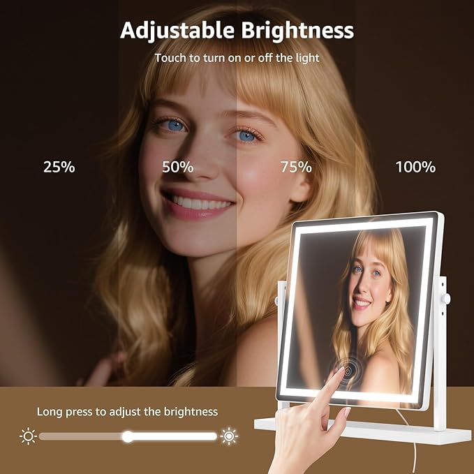 Makeup Vanity Mirror with Lights - 15.7"x15.7" LED Lighted Make Up Mirrors Adjustable Height, Touch Screen with 3-Color Lighting, Dimmable, 360° Rotation, for Dorm Desk Tabletop, Bedroom