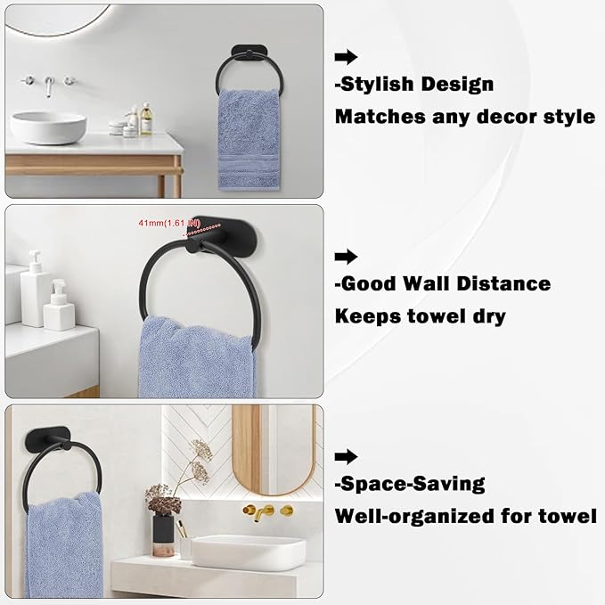 Livabber Towel Ring for Bathroom, 304 Stainless Steel Hand Towel Holder, Heavy Duty Towel Hanger for Bath, Kitchen, Hotel (4″ Self-Adhesive Base, Black)