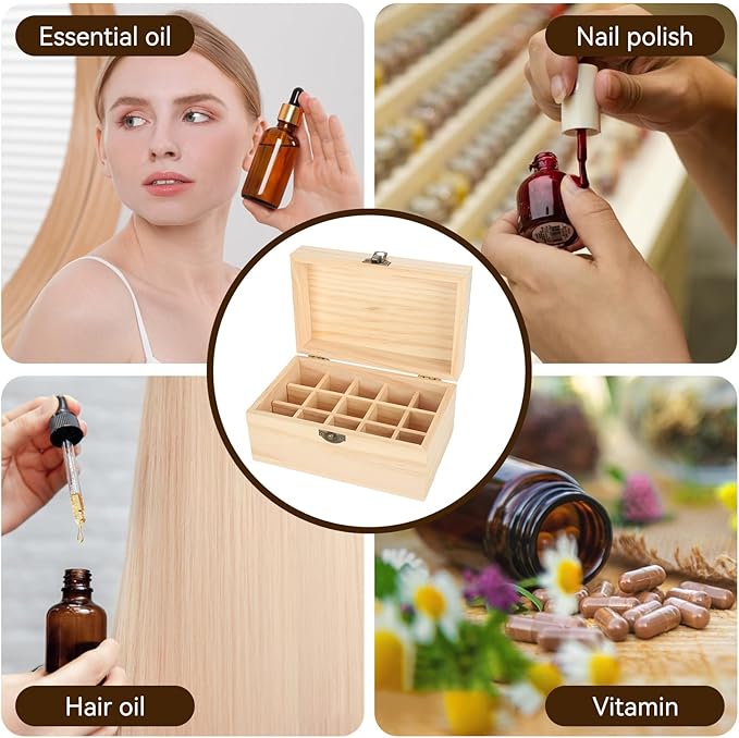 Agatige Essential Oil Storage Box Case, 15 Slot Essential Oil Box Aromatherapy Bottle Case Pine Display Fragrance Container Essential Oil Holder Organizer for Beauty Center Home Use