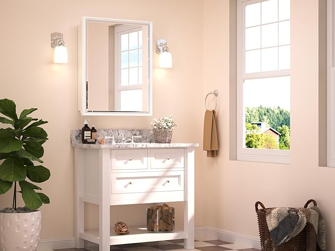 TETOTE White Medicine Cabinet Mirror 21" x 27" Aluminum Framed Surface or Recessed Wall-Mounted Bathroom Medicine Cabinets Beveled Mirror with Storage for Modern Farmhouse Bathroom