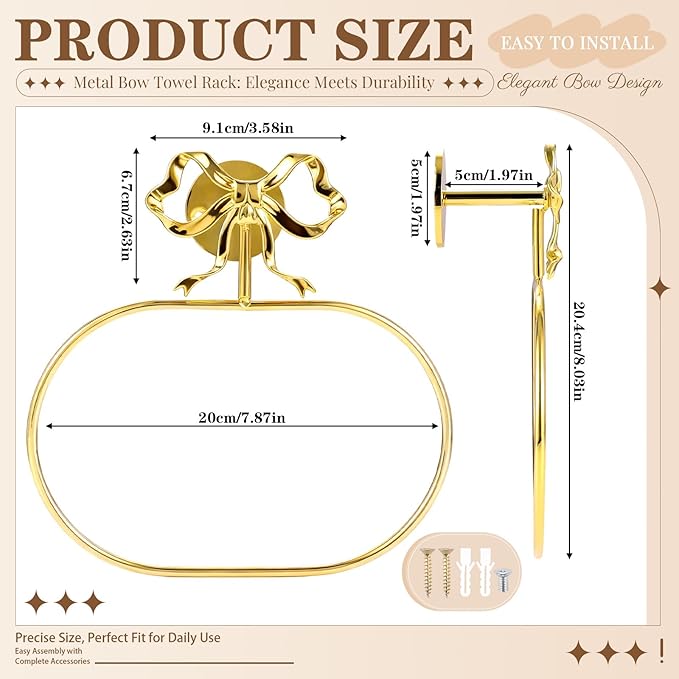 Gold Bow Hand Towel Holder, Coquette Oval-Shaped Brass Towel Ring Bow Modern Girly Decorative Wall Mount Towel Racks with Hardware Accessories for Room Bathroom Kitchen Decor