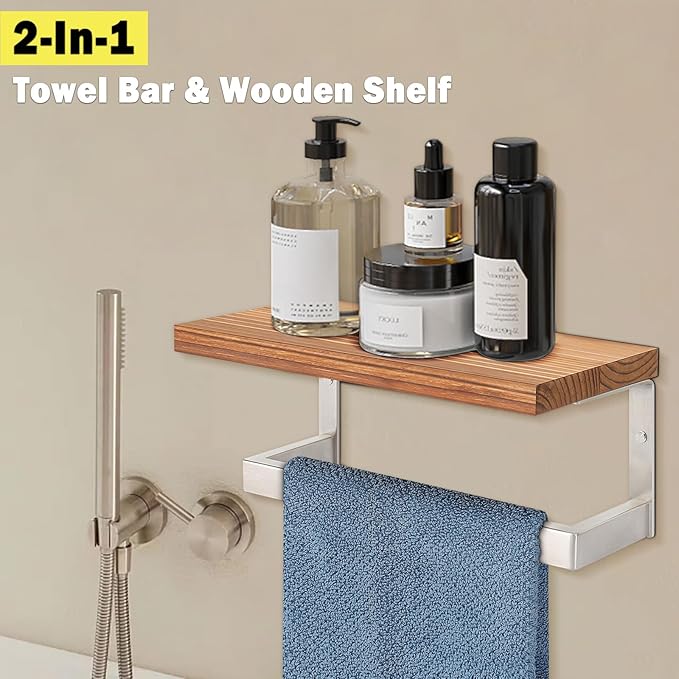 Hand Towel Holder/Towel Ring with Wooden Shelf, Hand Towel Rack, Hand Towel Hanger for Bathroom, Bath Accessories Wall Mounted (9"-Squ Shaped, Brushed Nickel)