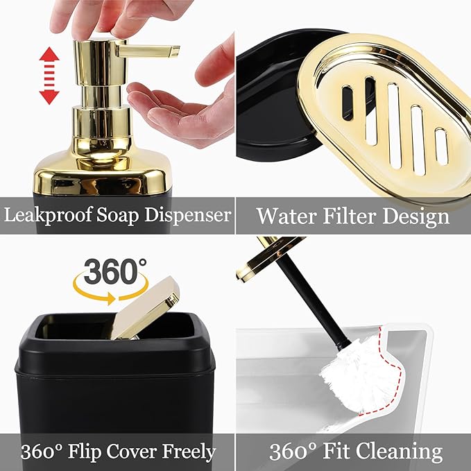 XLHOMO Bathroom Set - Black Bathroom Accessories Set, Bathroom Sets with Shower Curtain and Rugs, 24PC Shower Curtain Set with Hooks, Soap Dispenser, Soap Dish, Toilet Brush Holder and Trash Can