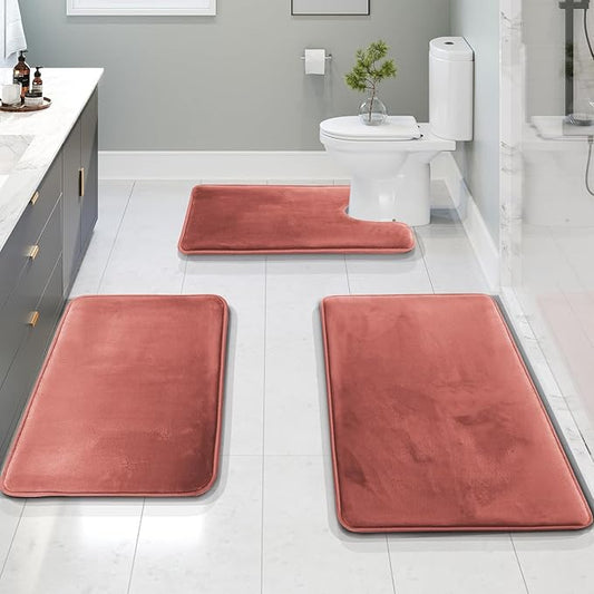 Clara Clark 3 Piece Bathroom Rugs Bath Mat Set, Velvet Memory Foam Bath Mats for Bathroom - Non-Slip, PVC Backing Bath Rugs, Washable - Dries Quickly, Rose