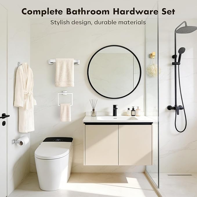 Bathroom Hardware Set Brushed Nickel 5-Pieces Bathroom Towel Rack SUS304 Stainless Steel Bath Towel Bar Set, Towel Racks Wall Mounted.