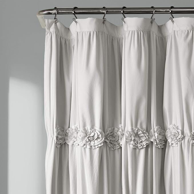 Lush Decor Darla Ruched Floral Bathroom Shower Curtain, 72” x 72”, Light Gray
