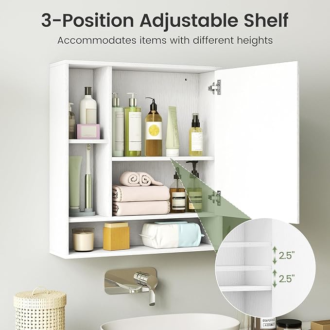 Giantex Bathroom Medicine Cabinet with Mirror, Wall Mounted Medicine Cabinet w/Single Door, 3 Open Shelves & Adjustable Shelf, Space-Saving Hanging Storage Cabinet for Living Room, Hallway (White)