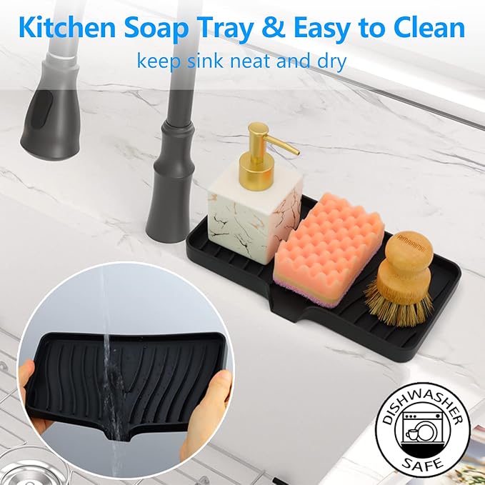 3-Pack Silicone Soap Dish, Sponge Holder for Sink, Kitchen Soap Tray, Bathroom Soap Holder, Sponge Tray with Drain (Black)