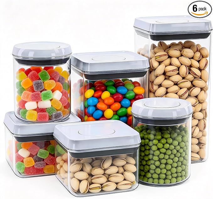 6 Pcs POP Container Set, Airtight Food Storage with Lids, Push Button Seal BPA-Free Set for Pantry, 0.65QT/0.7QT/1.8QT/2.4QT for Bulk Dry Food, Cereal, Flour, Sugar, RV Kitchen Storage
