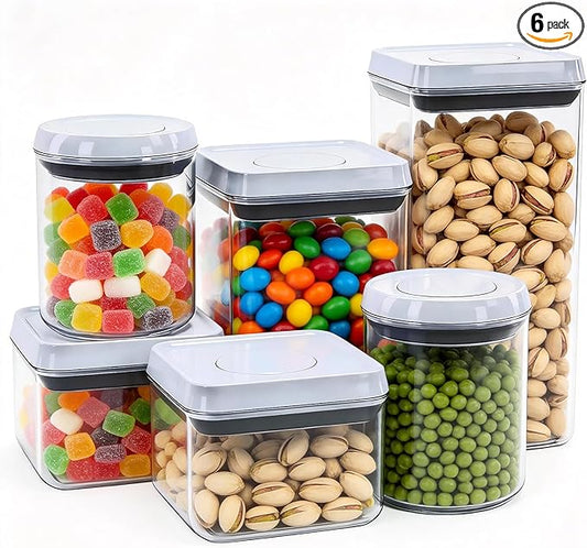 6 Pcs POP Container Set, Airtight Food Storage with Lids, Push Button Seal BPA-Free Set for Pantry, 0.65QT/0.7QT/1.8QT/2.4QT for Bulk Dry Food, Cereal, Flour, Sugar, RV Kitchen Storage