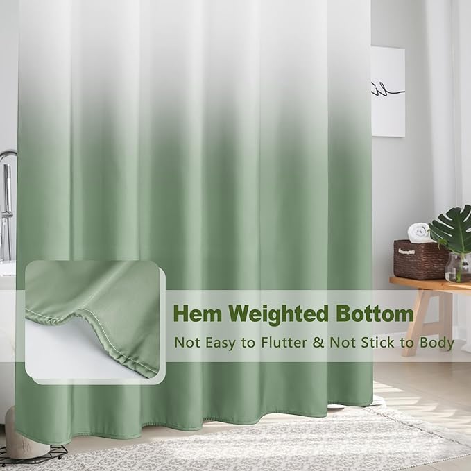 AooHome Fabric Shower Curtains, Cloth Ombre Green Shower Curtain Sets, Washable Fabric Green and White Shower Curtain, Rustic Farmhouse Bathroom Shower Curtains, 72x78 Inches
