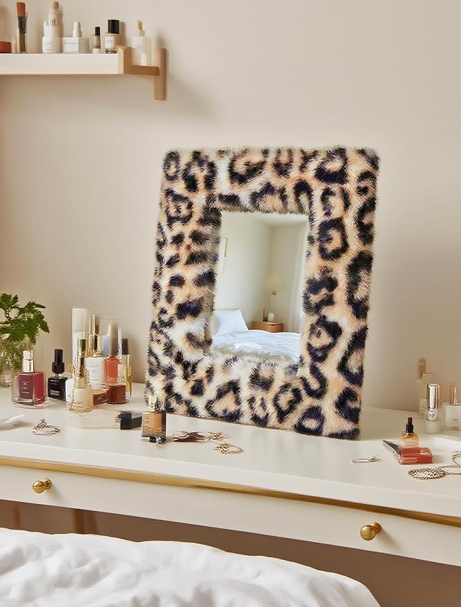 Small Cool Makeup Mirror for Desk and Wall, Gold Desk Wall Mirror, Y2K 2000S Leopard Cheetah Print Stockholm Dorm Room Home Decor for Bedroom Aesthetic