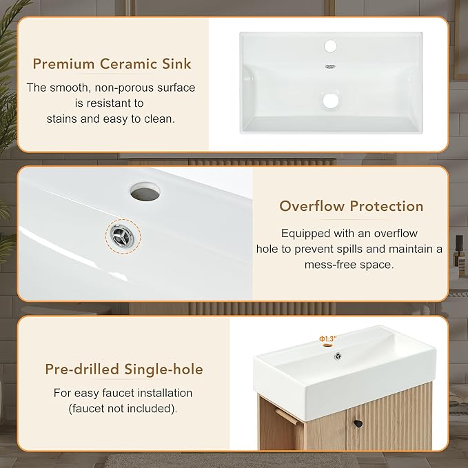 Virubi 21.6" Small Fluted Bathroom Vanity with Sink,Soft Closing Doors and Storage Shelves,Natural Wood Single Bathroom Sink Cabinet Combo Freestanding, Natural Wood