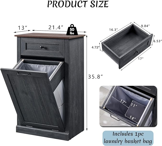 IFBUY Tilt Out Laundry Hamper Cabinet, 10 Gallon Farmhouse Trash Can Cabinet with Drawer, Hidden Wood Garbage Can Bin Cabinet with Laundry Storage Basket for Bathroom, Kitchen, Dark Grey